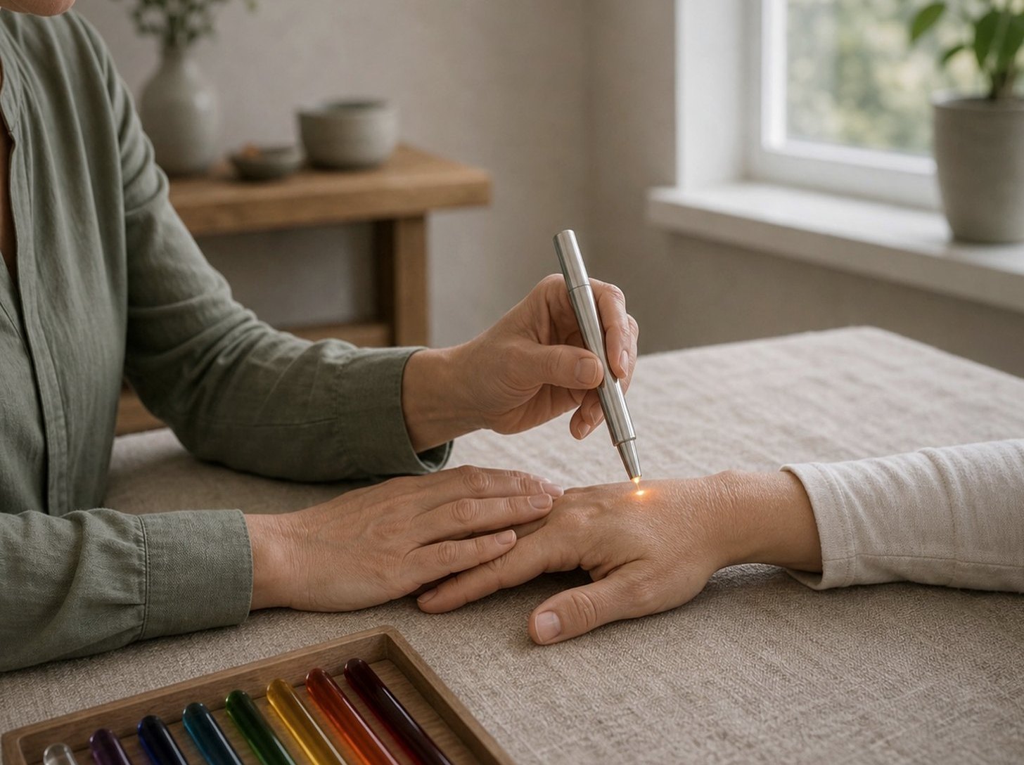 En behandlare håller en liten ljuspenna mot huden på en vuxen persons hand.