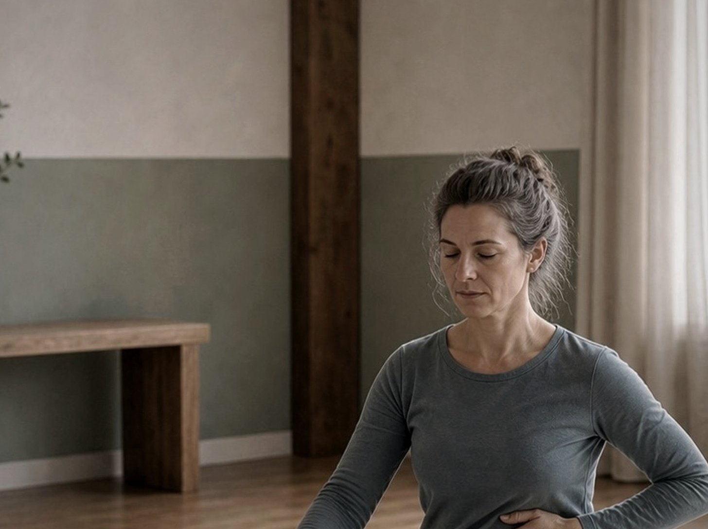 En person gör en lugn stående qi gong-rörelse utomhus.