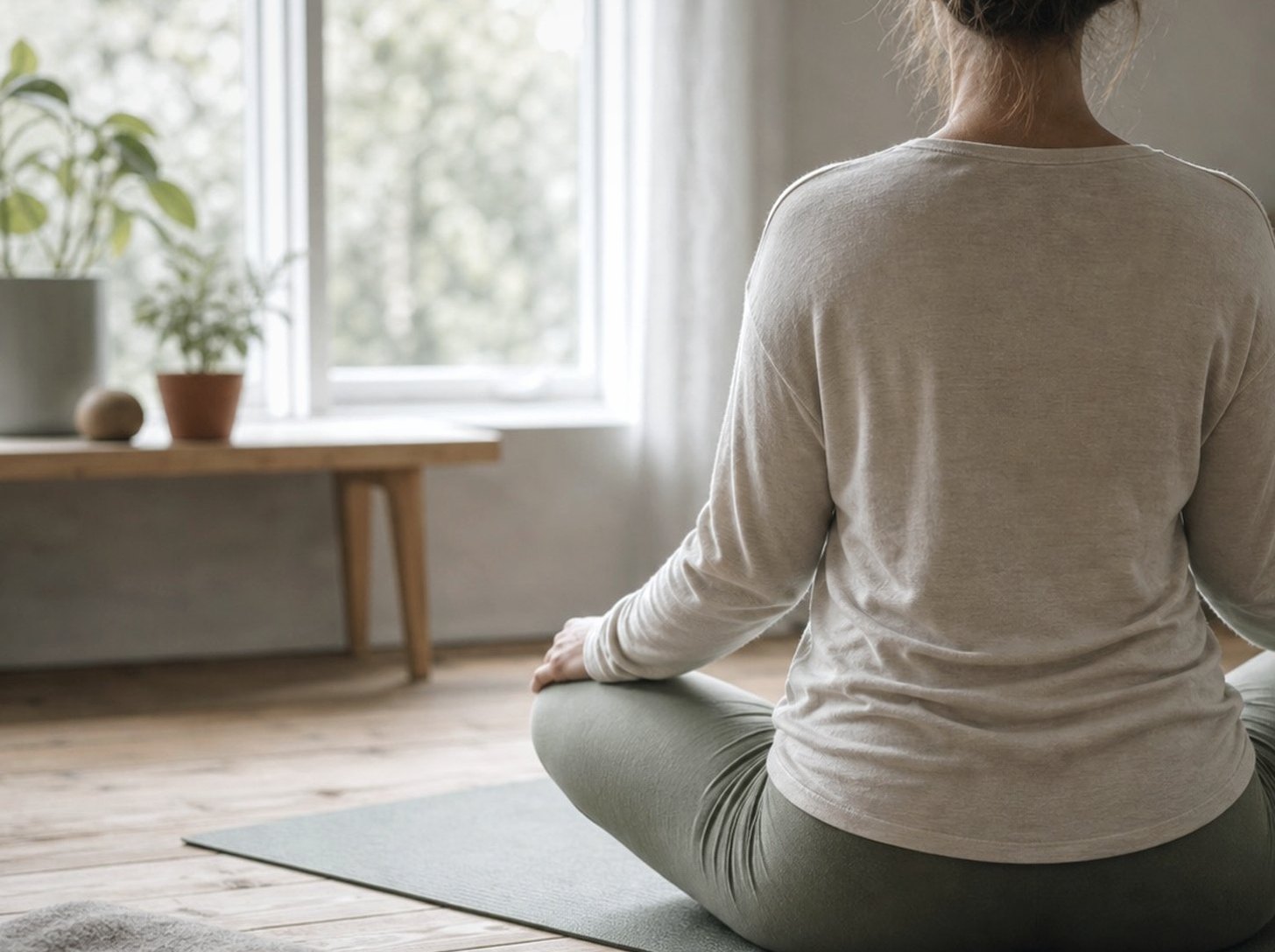 En person sitter på en matta och gör en stilla mindfulnessövning hemma.