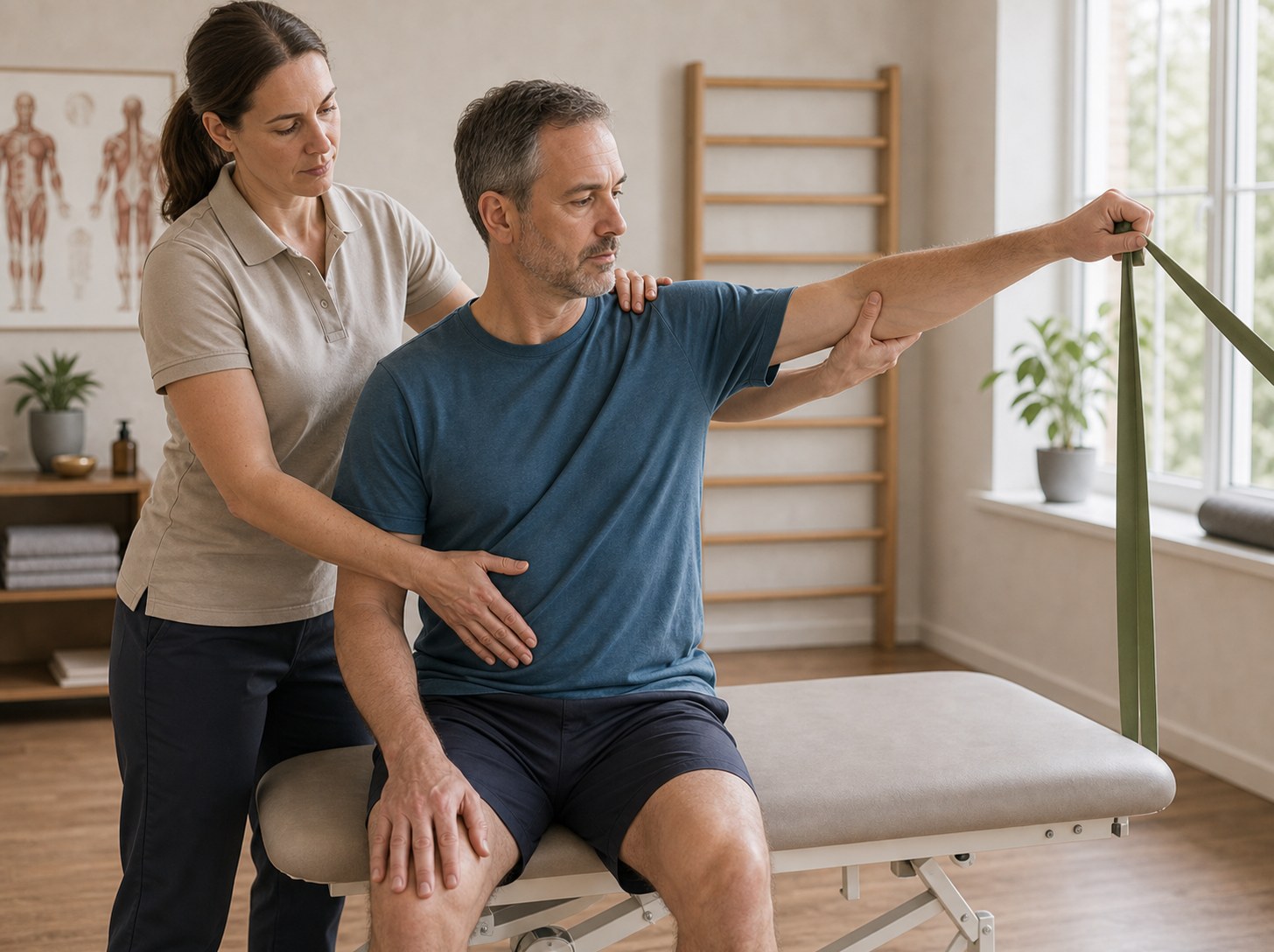 En fysioterapeut guidar en patients led medan patienten gör en aktiv rörelse.