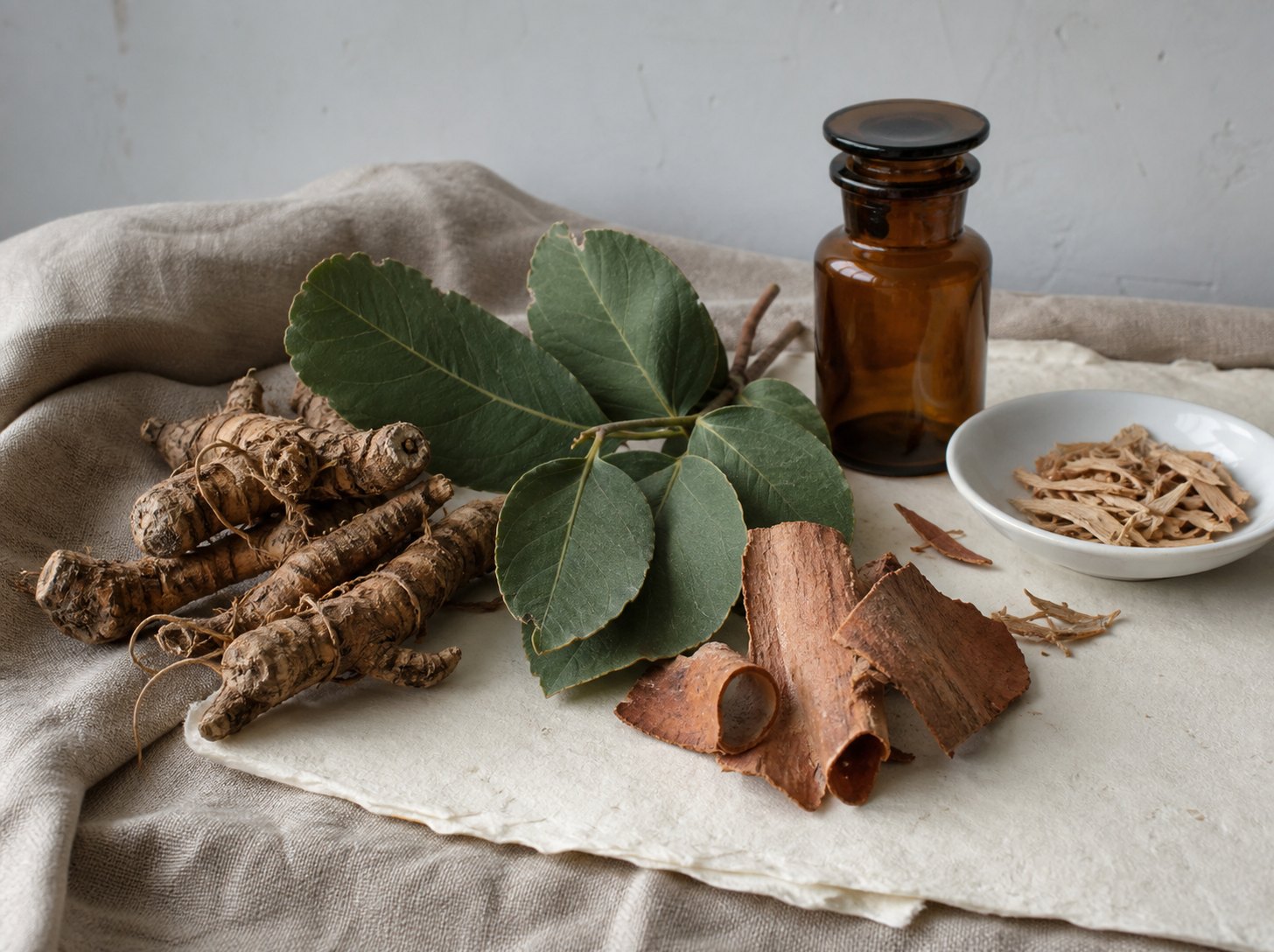 Rötter, blad, bark och en brun glasburk som illustration av växtbaserade beredningar.