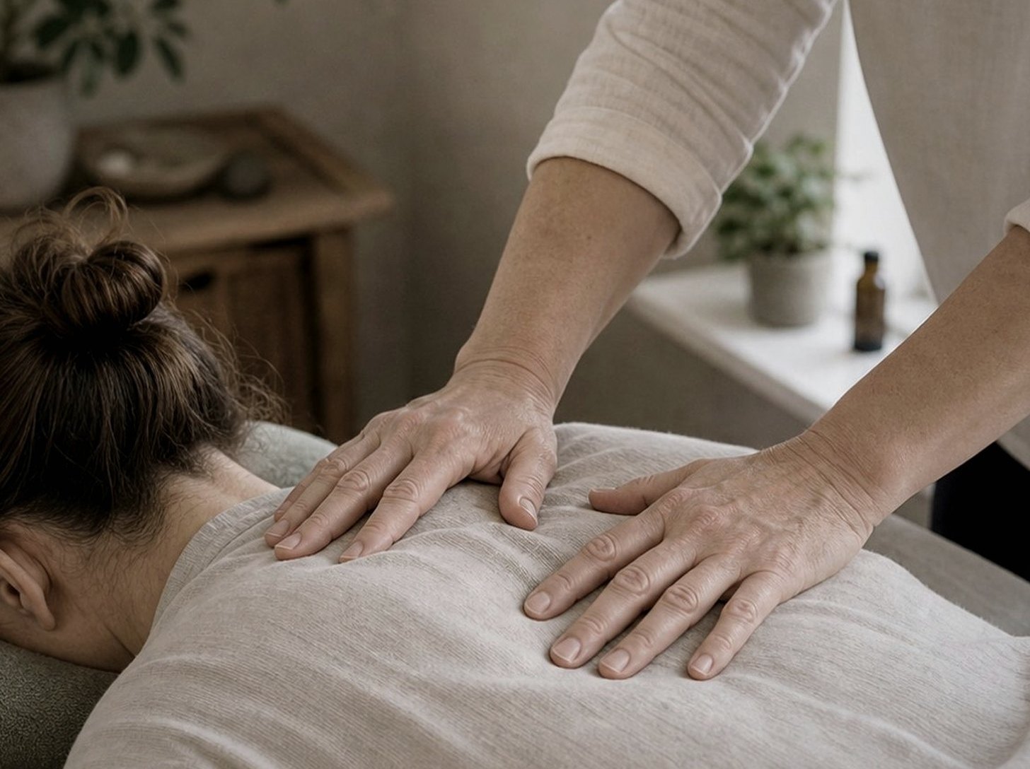 En osteopat undersöker rörligheten i ryggen på en person som ligger på en behandlingsbänk.