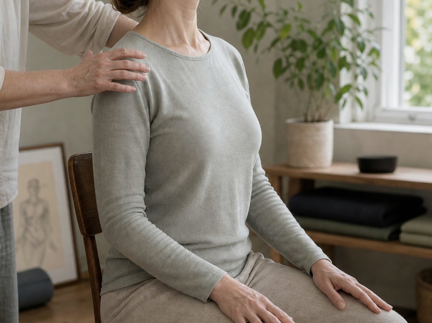 En behandlare har ena handen på en sittande persons skuldra under ett lugnt kroppsterapeutiskt möte.