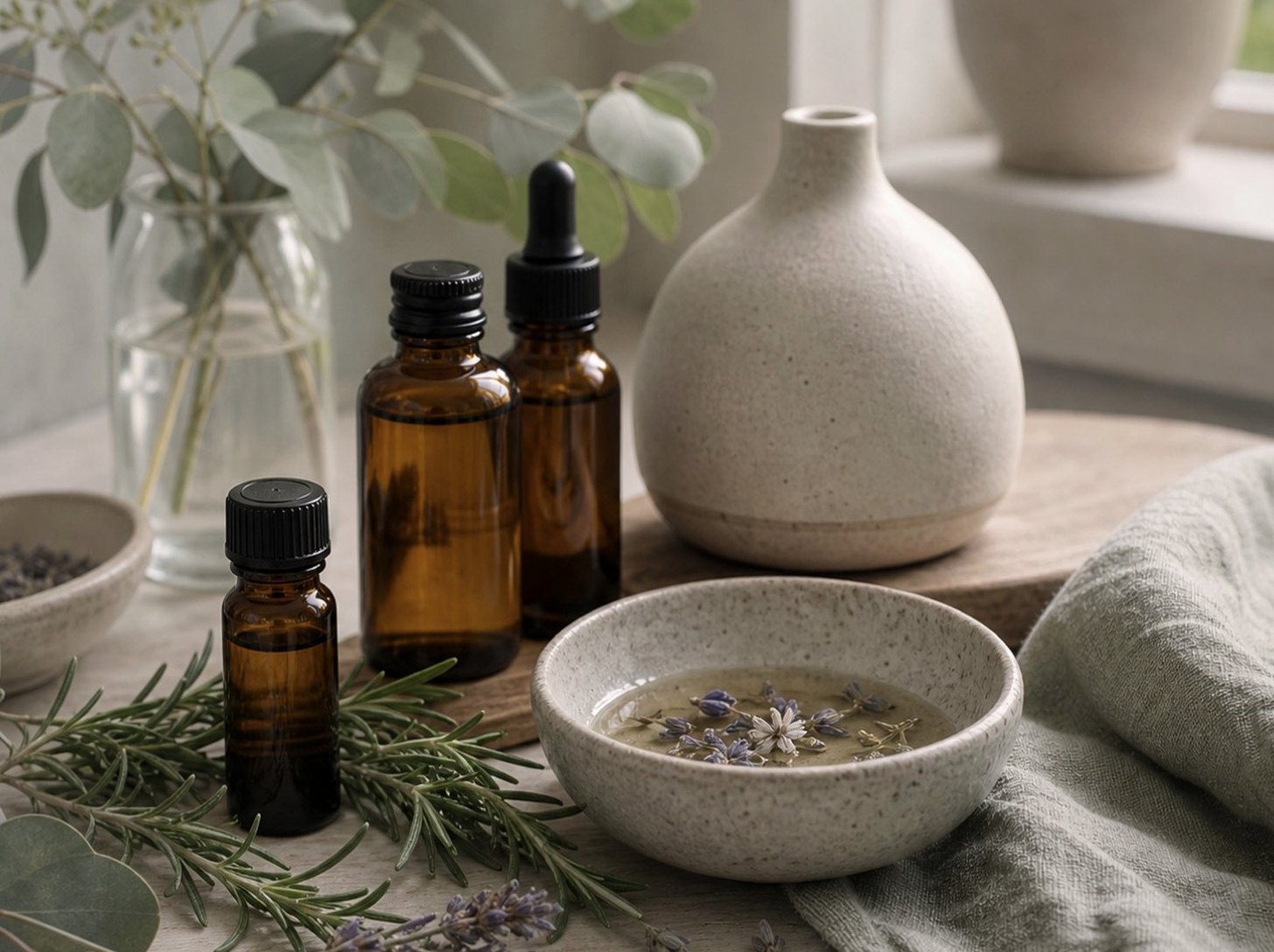 Massageoljor, växter, en skål och mjuka handdukar förberedda inför en rytmisk massage.
