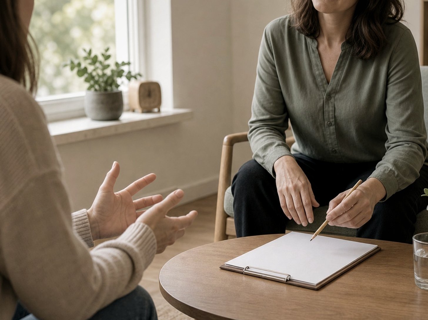 En terapeut lyssnar och antecknar medan en person berättar med händerna under ett psykoterapisamtal.