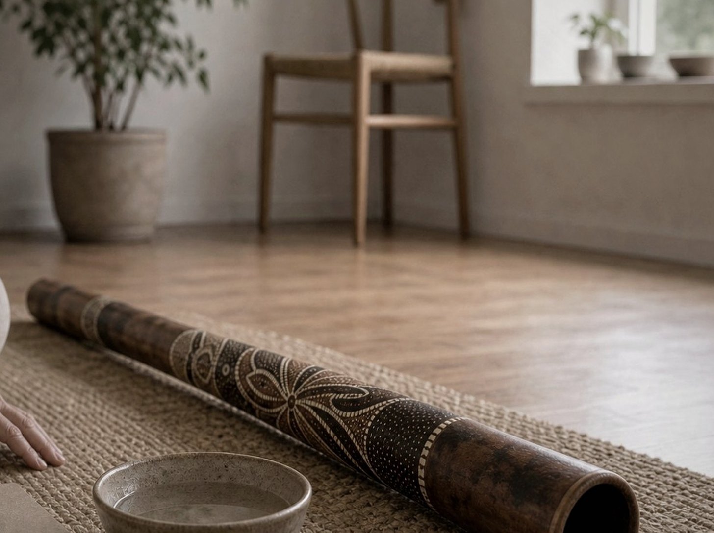 En dekorerad didgeridoo och en klangskål ligger framme inför en ljudsession.