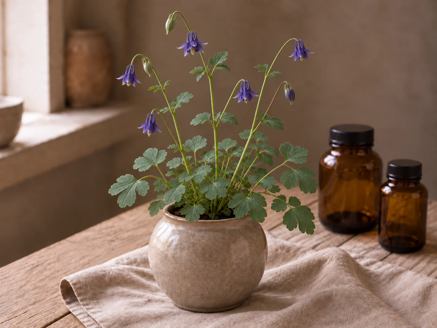 Akleja med nickande blåvioletta blommor och flikiga grågröna blad i beige kruka i varmt fönsterljus.