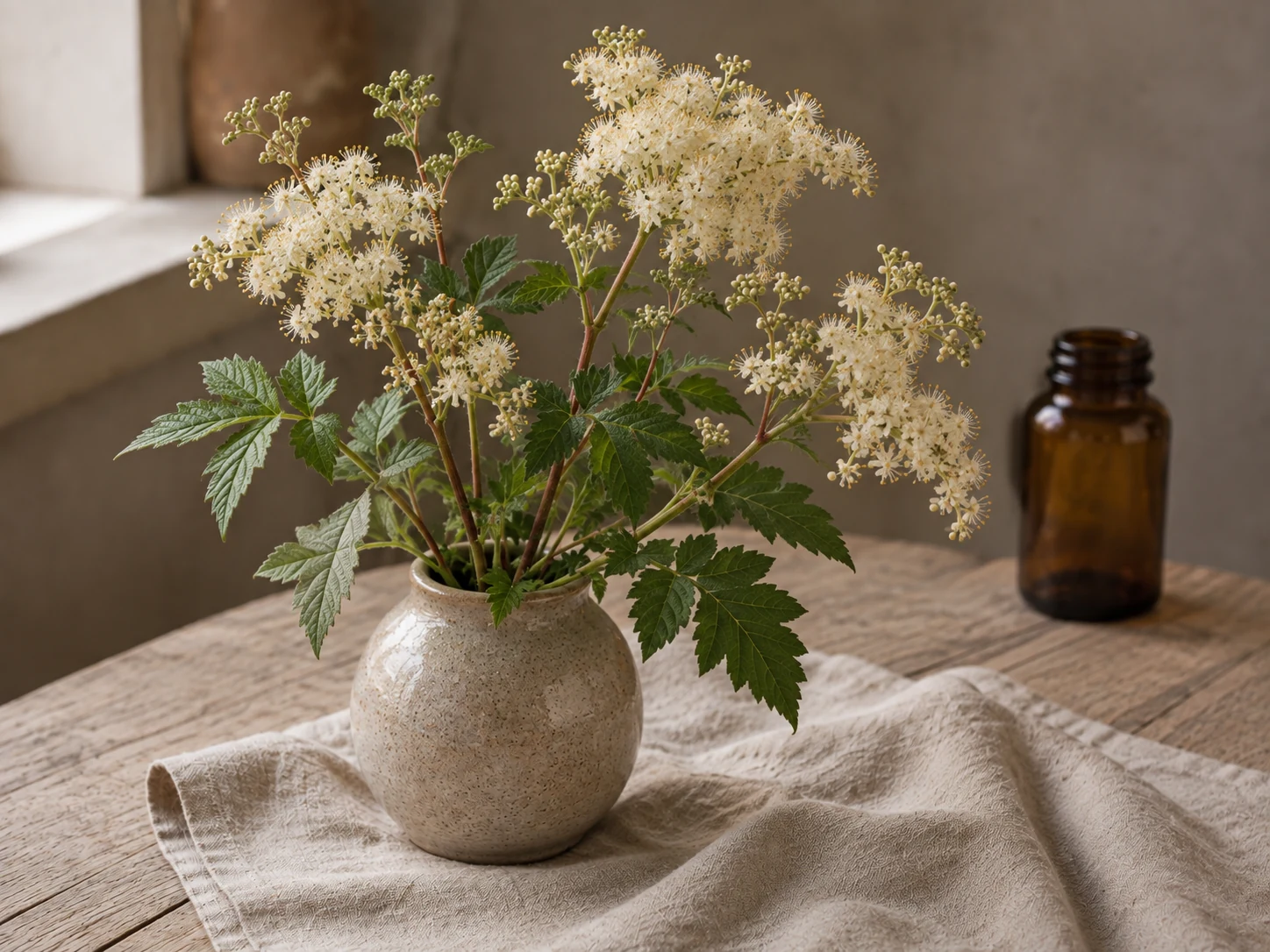 Älgört med gräddvita blomvippor och tandade gröna småblad i en ljus keramisk vas på linne och trä i varmt fönsterljus.