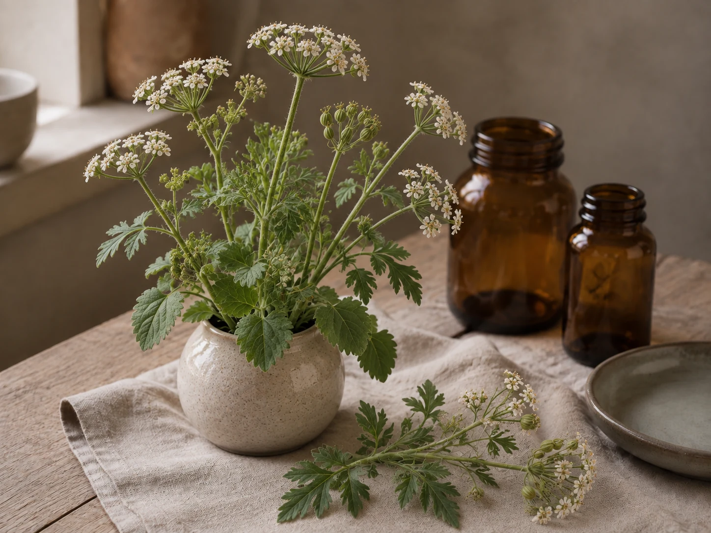 Anis med små vita blomflockar, bredare nedre blad och mer delade övre blad i en ljus keramikkruka på trä och linne, med varmt fönsterljus och bärnstensfärgat glas.