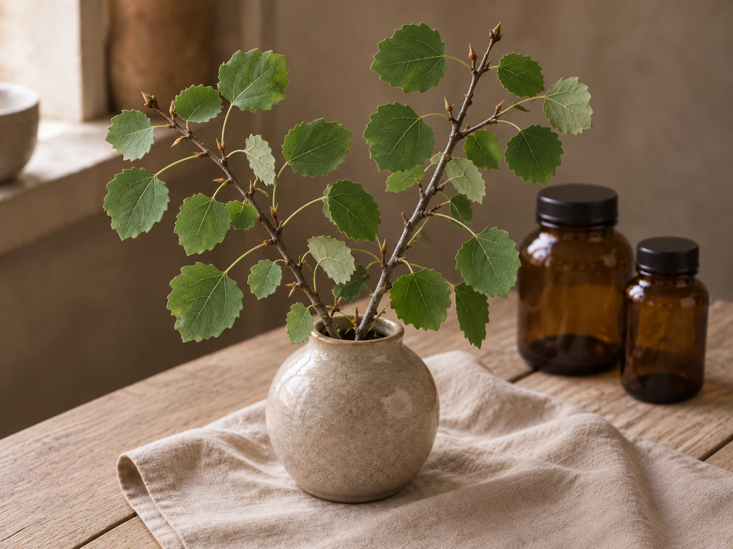 Aspkvistar med rundade gröna blad, långa bladskaft och bruna spetsiga knoppar i en beige vas på ett träbord i mjukt fönsterljus.