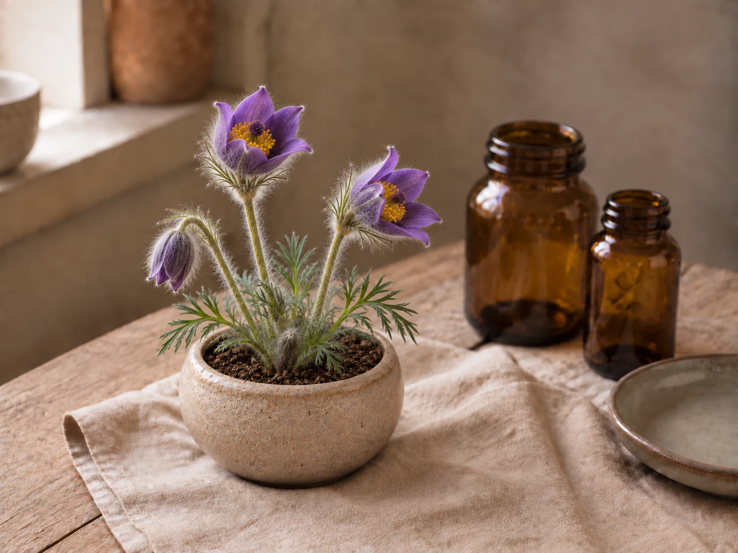 Backsippa som tänkt krukodlad planta med violetta blommor, gula ståndare och silkesludna stjälkar i beige keramik på linne vid ett fönster.