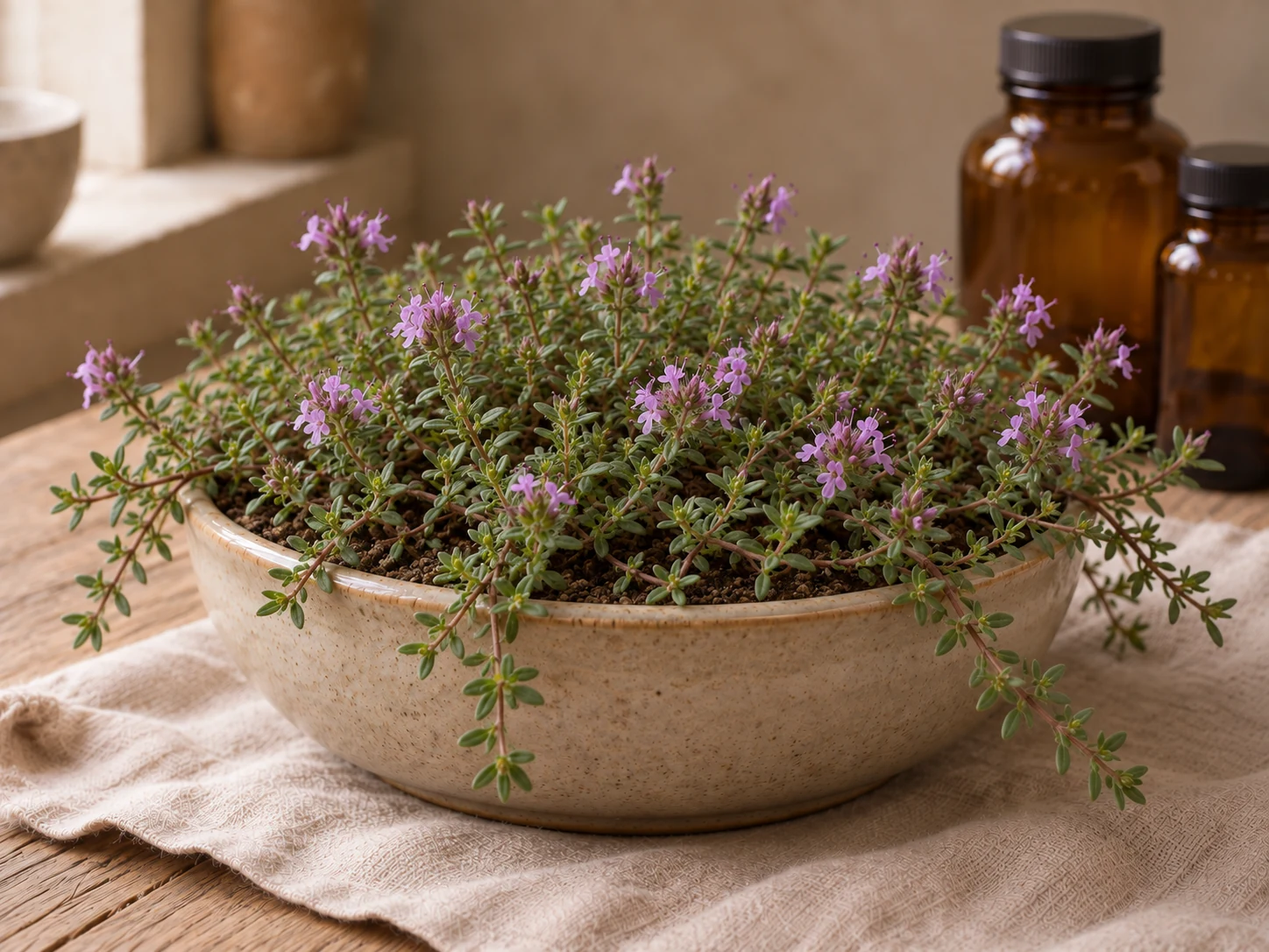 Backtimjan med låga krypande skott, små smala gröna blad och rosa blomhuvuden i en grund beige kruka på träbord och linne i mjukt fönsterljus.