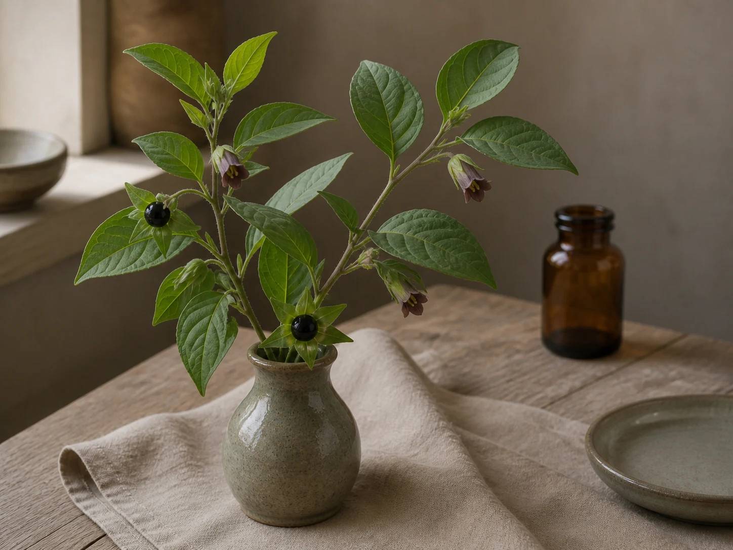 Belladonnas gröna blad, brunlila klockblommor och två svarta bär på stjälkar i en keramikvas, med linne och mjukt fönsterljus.