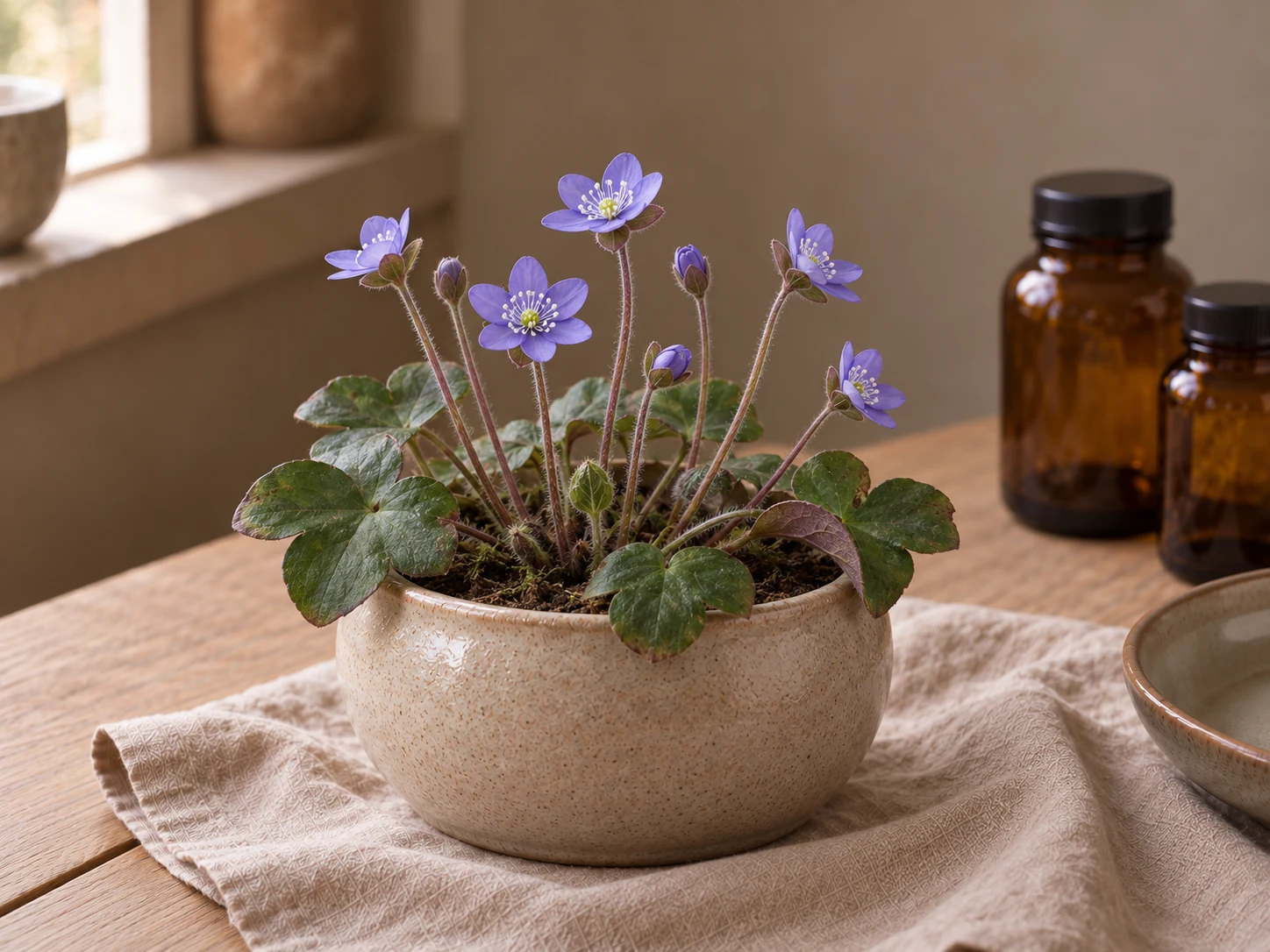 Blåsippa med små blåvioletta blommor, vita ståndare och treflikiga mörkgröna blad i en låg beige kruka på trä och linne vid ett fönster.