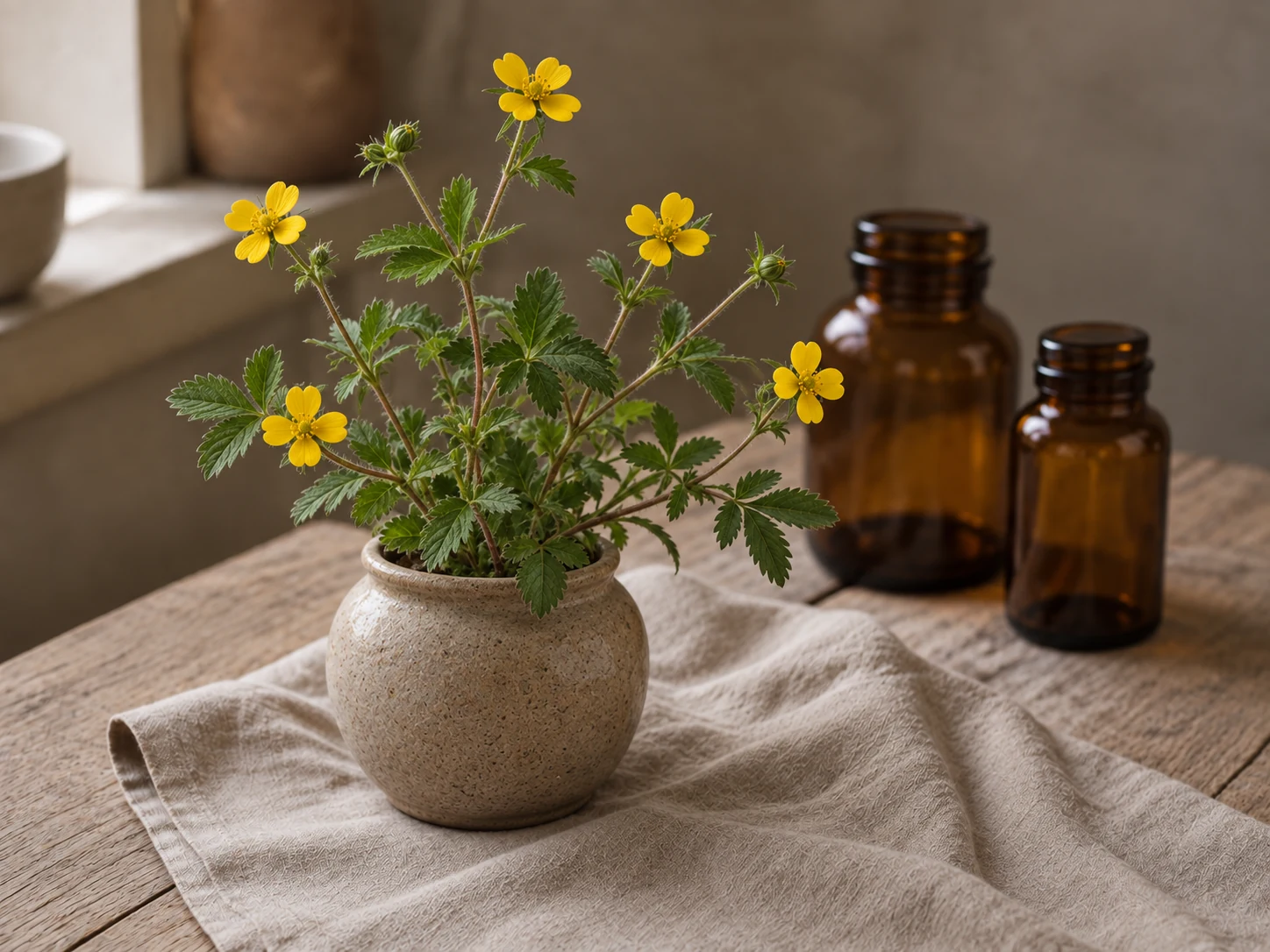 Blodrot med små gula fyrtaliga blommor och tandade gröna blad i en keramikkruka på linne och trä i varmt fönsterljus.
