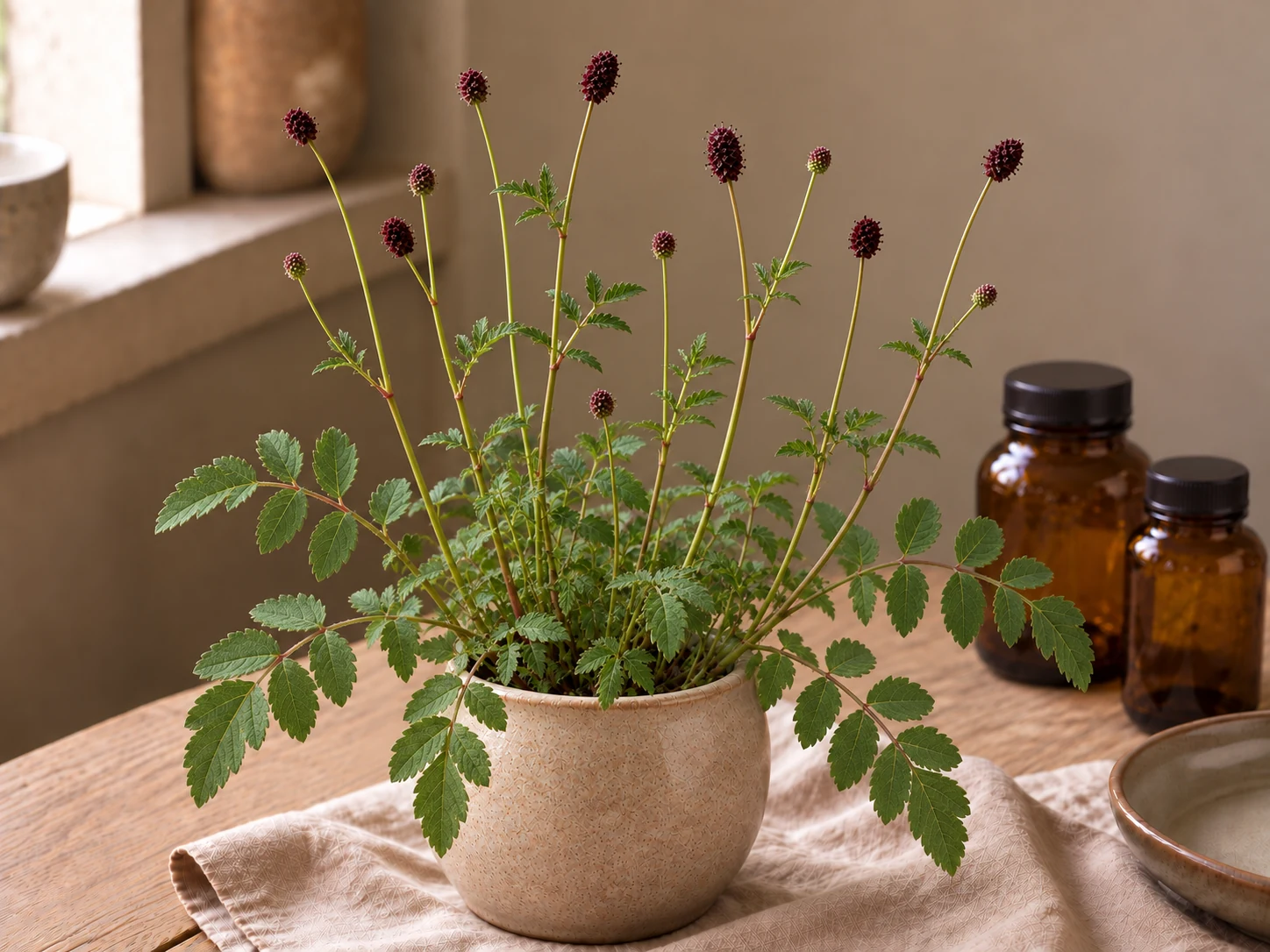 Blodtopp med små mörkröda blomhuvuden på smala stjälkar och sågade parbladiga blad i beige kruka på trä och linne vid ett fönster.
