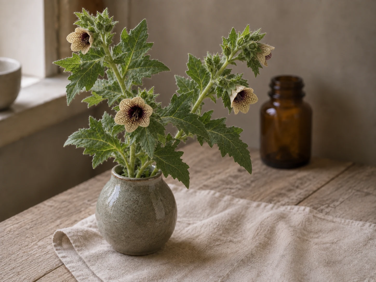 Bolmört med håriga grågröna blad och gräddgula blommor med lila ådror i en keramikvas, på linne och trä i mjukt fönsterljus.