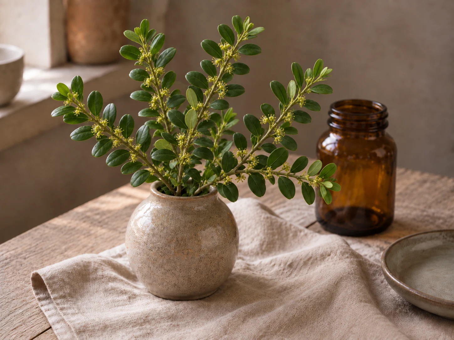 Buxbomskvistar med små ovala gröna blad och diskreta gulgröna blommor i keramikvas på ett träbord.