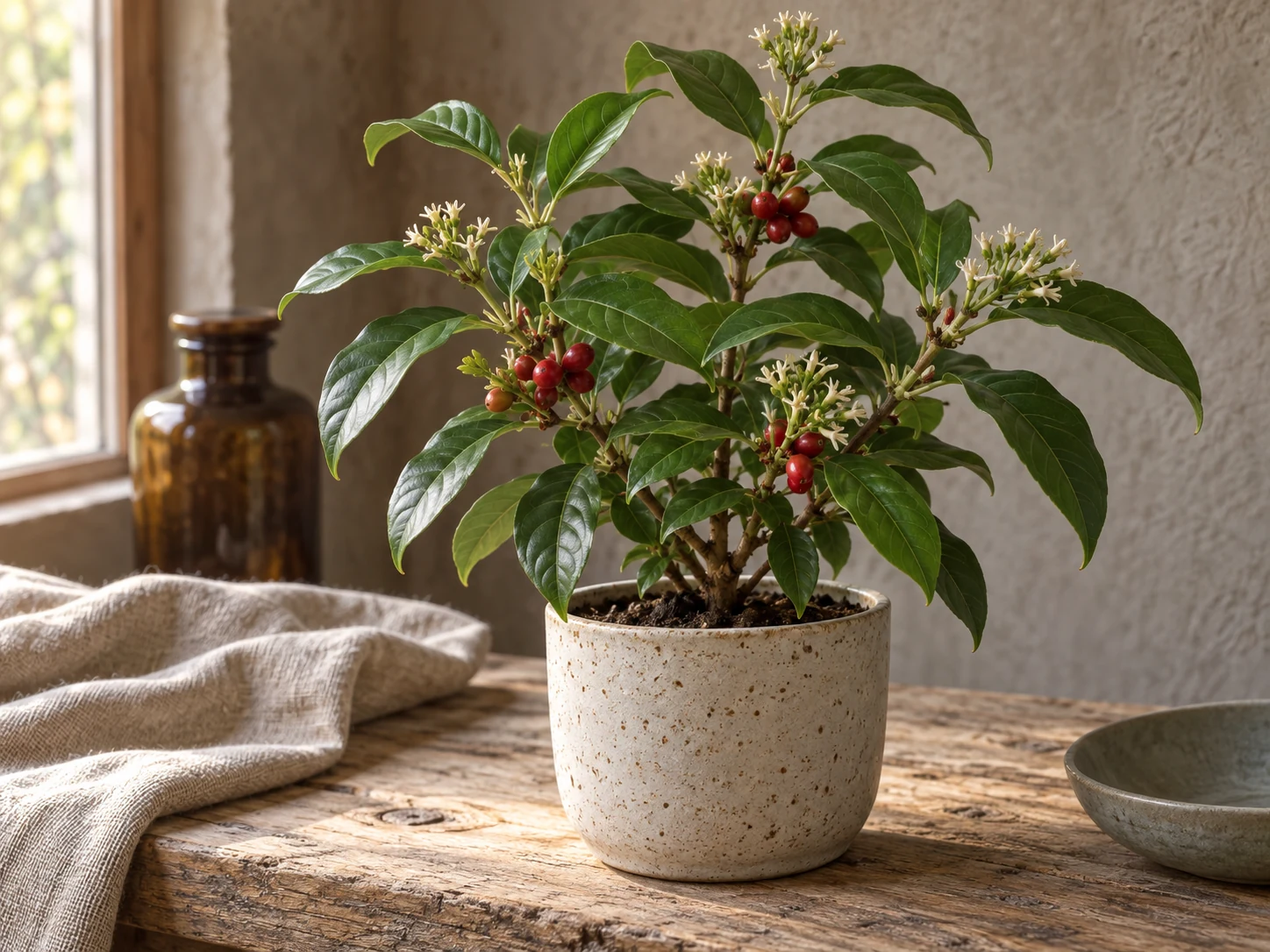 AI-genererad illustration av Chacruna (Psychotria viridis Ruiz & Pav.) i Växttraditions bildmiljö.