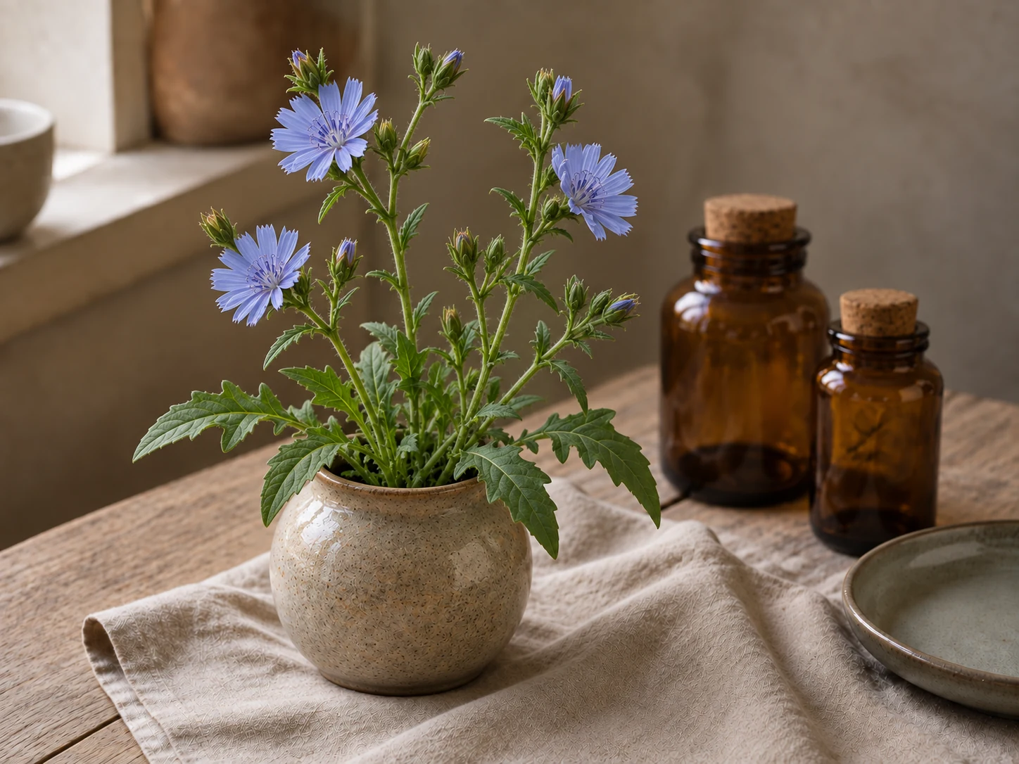 Cikoria med blå blomkorgar, förgrenade stjälkar och flikiga gröna blad i en keramikkruka på trä och linne i varmt fönsterljus.
