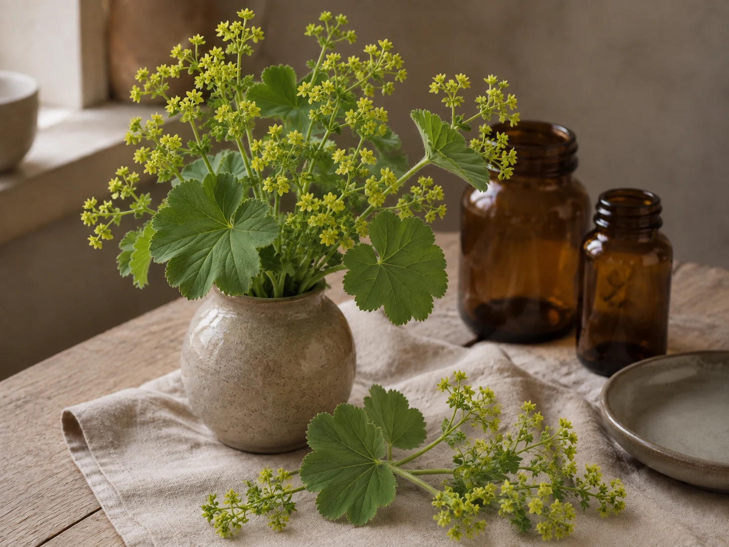 Daggkåpa med veckade, rundade och tandade blad samt små gulgröna blommor i en keramikvas på träbord med linne och tomma bärnstensfärgade burkar.
