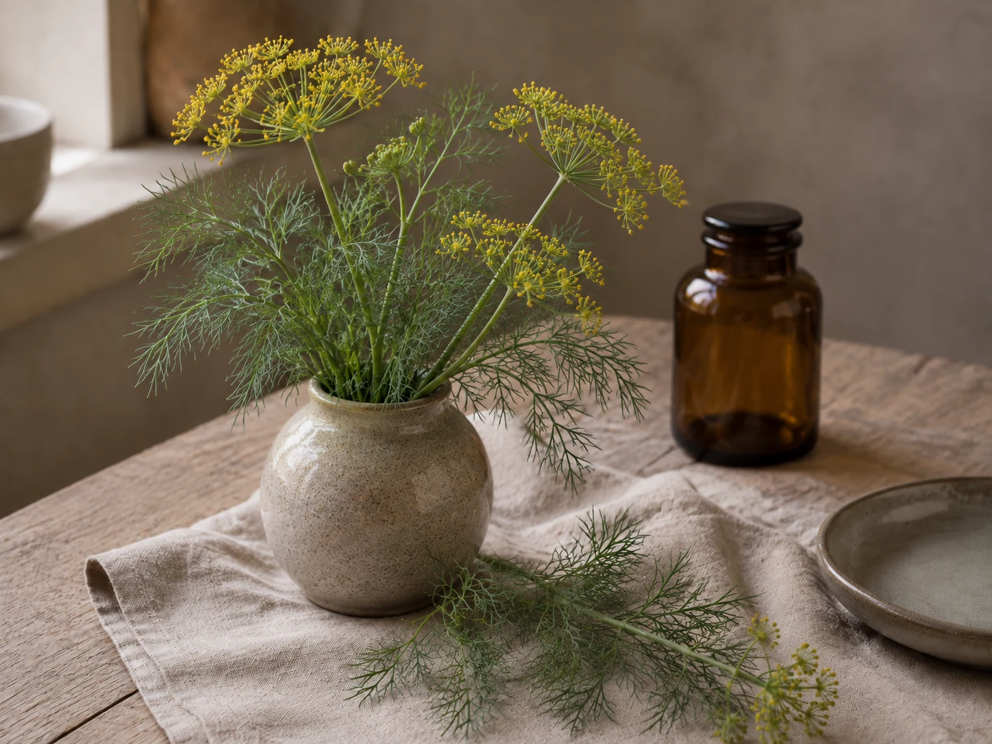 Dillens gula blomflockar och finfördelade gröna blad i en keramikvas på ett träbord med linne, en sluten bärnstensfärgad glasburk och ett tomt keramikfat.