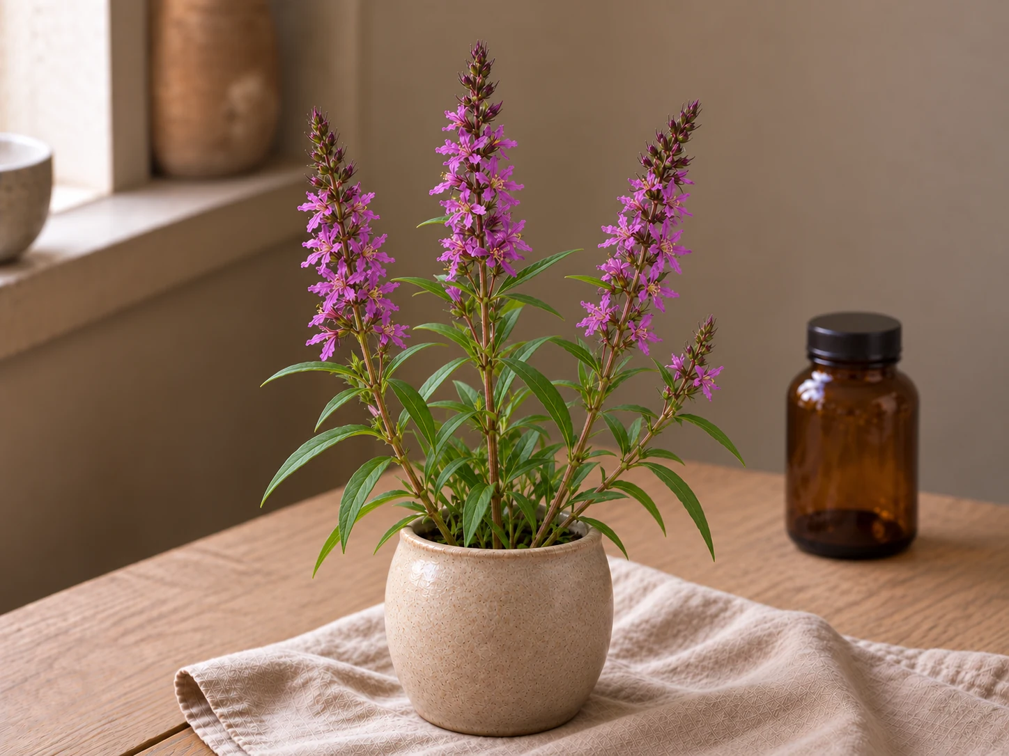 Fackelblomster med smala gröna blad och purpurrosa blomspiror i en beige keramikkruka på ett träbord med linne och mjukt fönsterljus.