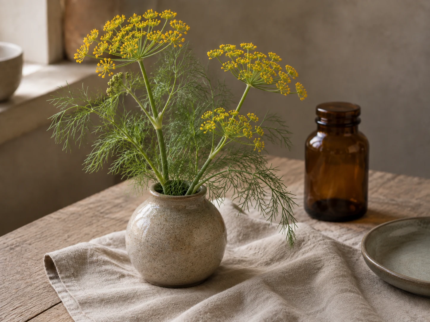 Fänkålens gula blomflockar och finflikiga gröna blad i en ljus keramikvas på ett träbord med linne, en sluten bärnstensfärgad glasburk och ett tomt keramikfat.