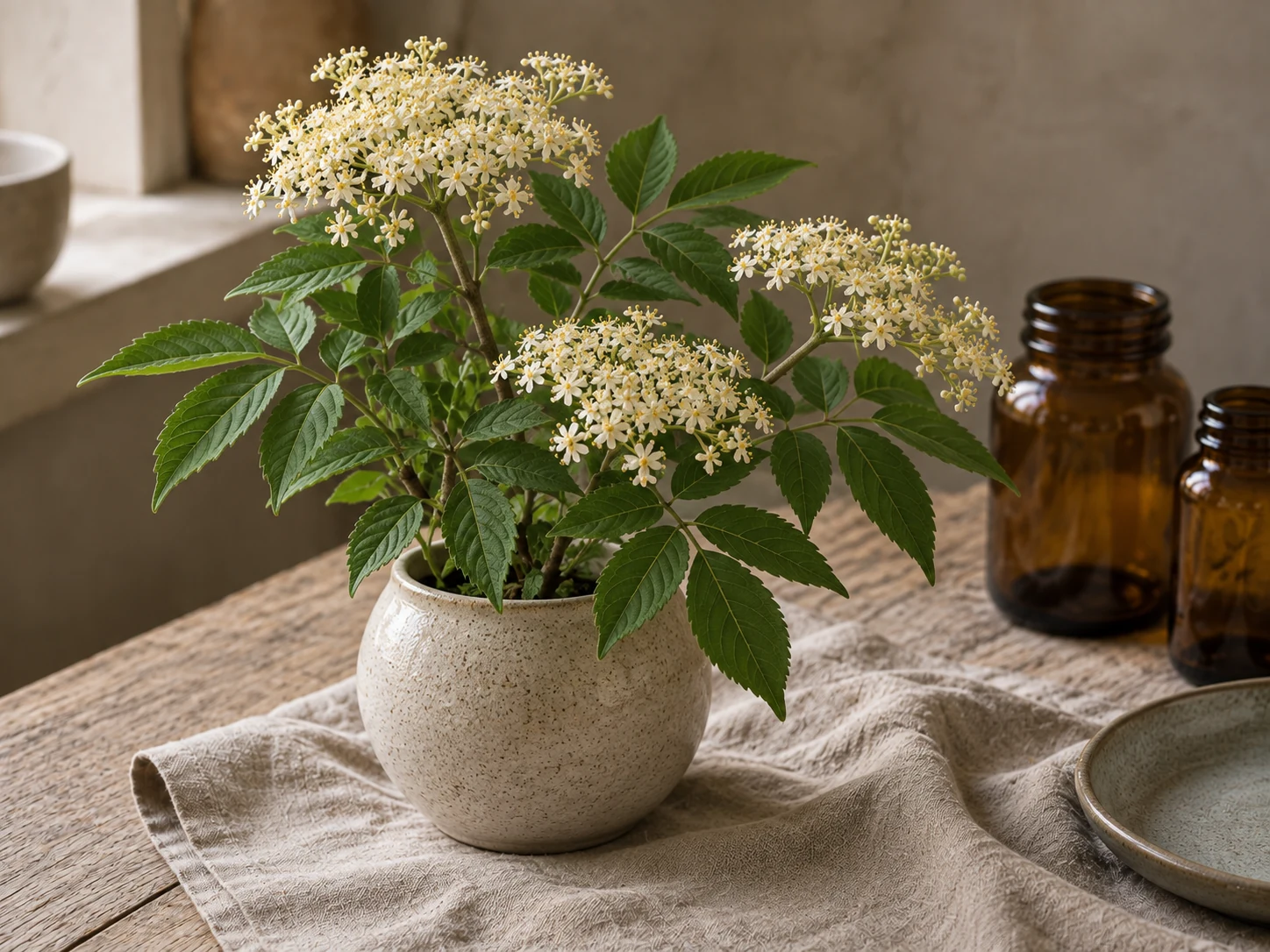 Blommande fläder med sammansatta sågade blad och breda samlingar av små gräddvita blommor i en ljus keramikkruka vid ett fönster, på linne och trä.