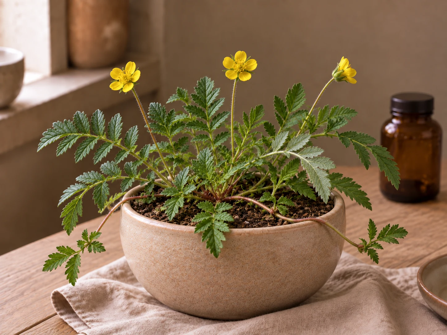 Gåsört med parbladiga tandade blad, silvervit undersida, tre gula blommor och röda utlöpare i en låg beige keramikkruka.