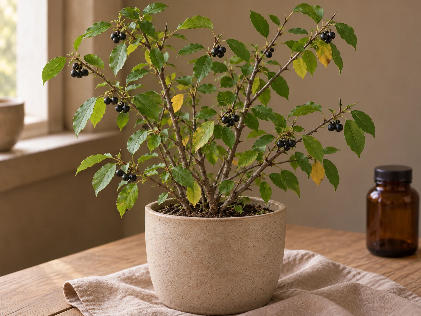 Getapel med vedartade grenar, ovala fintandade blad, spetsiga tornar och små svarta frukter i beige kruka vid ett fönster.