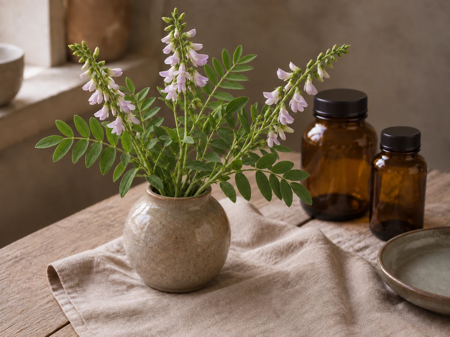 Getrutans ljust violetta ärtblommor och sammansatta gröna blad i keramikvas vid ett fönster.