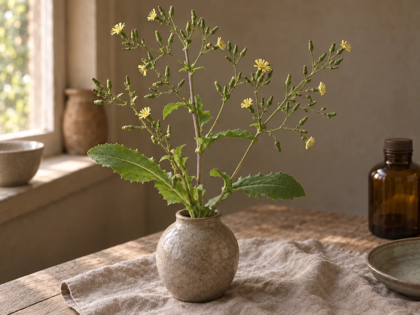 Giftsallat med små gula blomkorgar i en luftig vippa och breda tandade blad i keramikvas vid ett fönster.