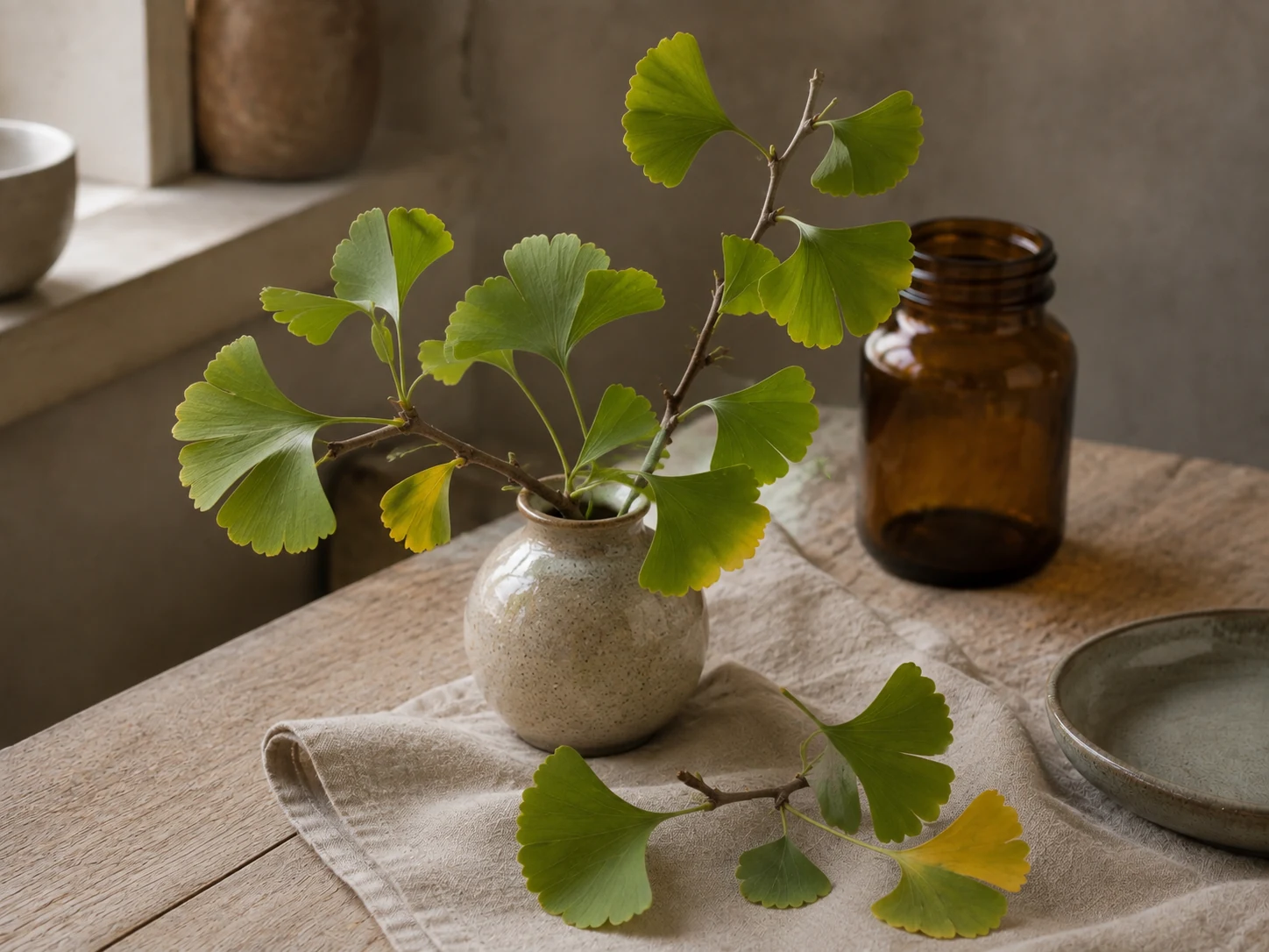 Ginkgokvistar med solfjäderformade gröna och gula blad i ett stilleben med keramik, linne och bärnstensfärgat glas.
