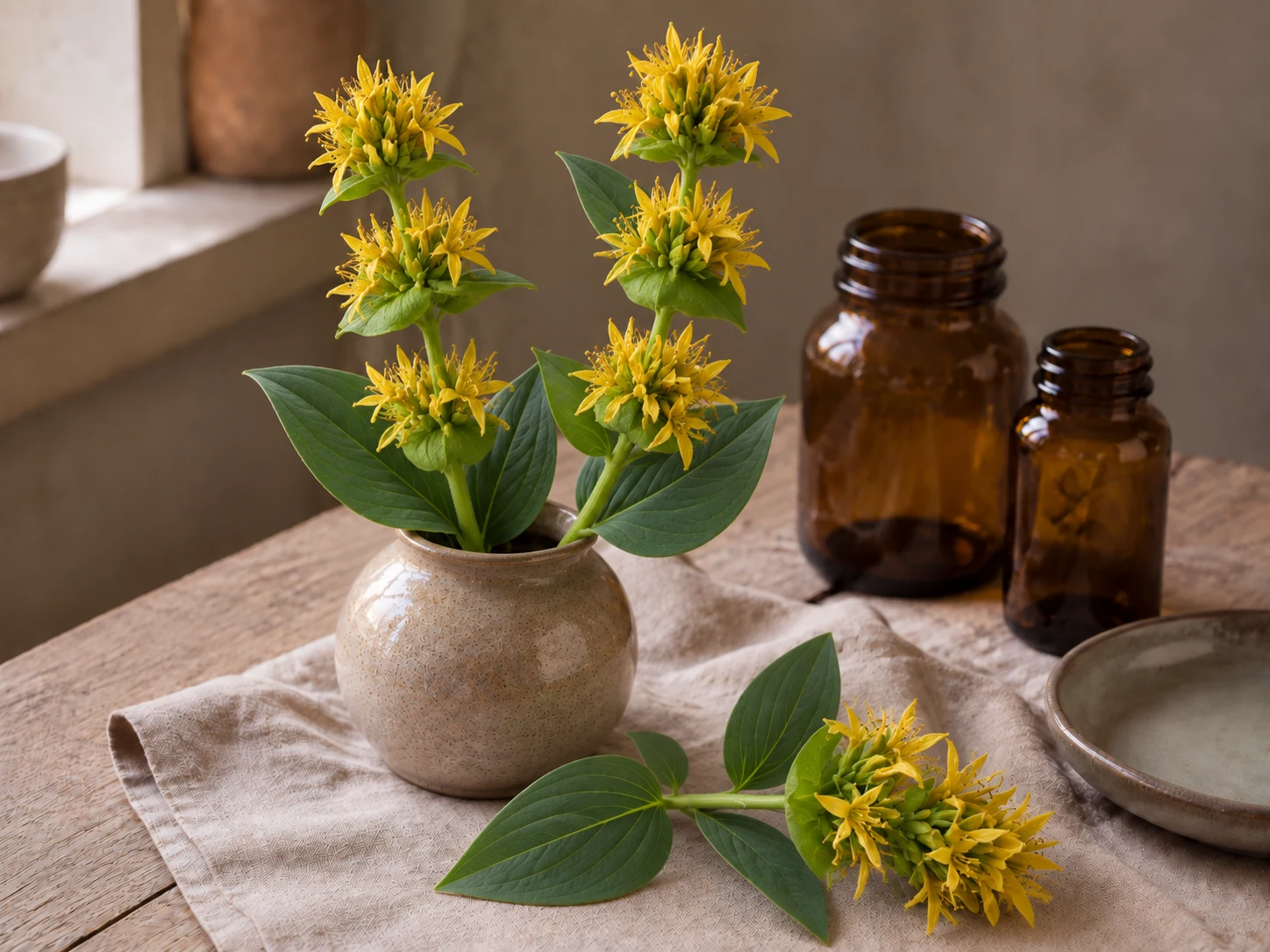 Gullgentiana med gula smalflikiga blommor i flera våningar och breda släta blågröna blad i keramikvas på träbord med linne och tomma bärnstensfärgade burkar.