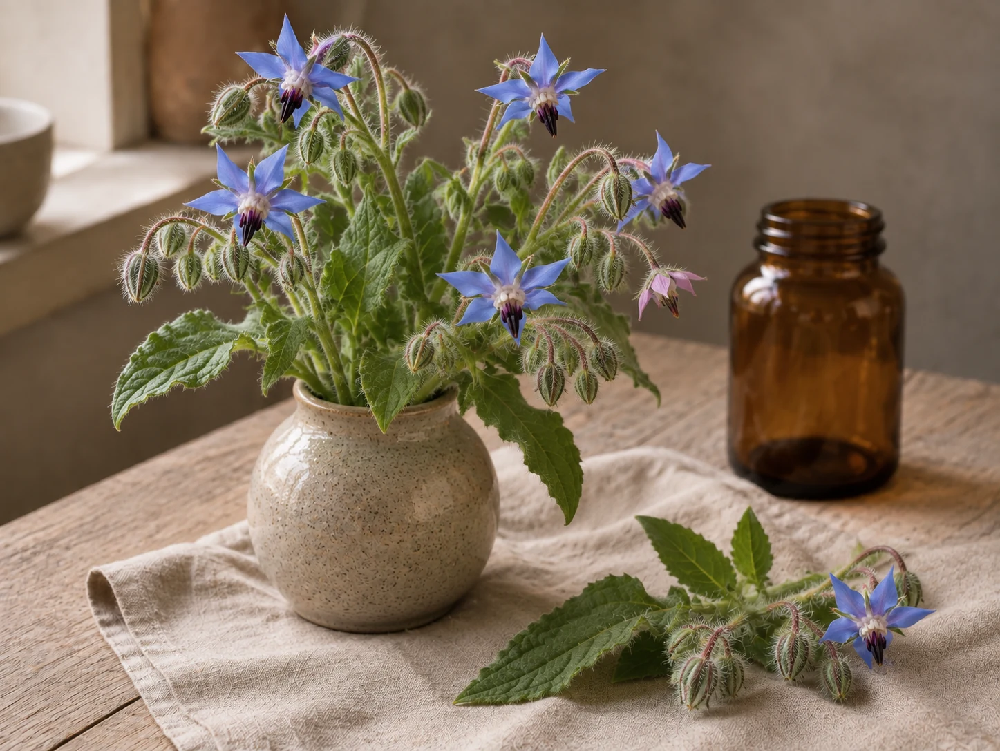 Gurkört med blå stjärnformiga blommor, gröna knoppar och strävhåriga blad i en keramikvas på träbord med linne, en lös blommande kvist och en tom bärnstensfärgad burk.