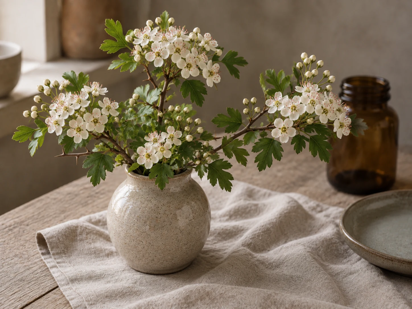 Blommande trubbhagtorn med flikiga blad, vita femtaliga blommor och taggiga grenar i en ljus keramikvas på linne och trä i varmt fönsterljus.