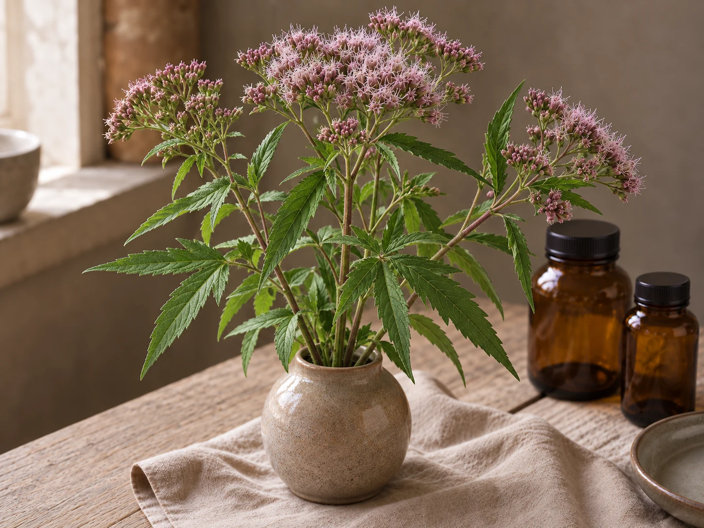 Hampflockel med små rosa blomkorgar i breda flockar och tandade, djupt flikiga blad i keramikvas vid ett fönster.