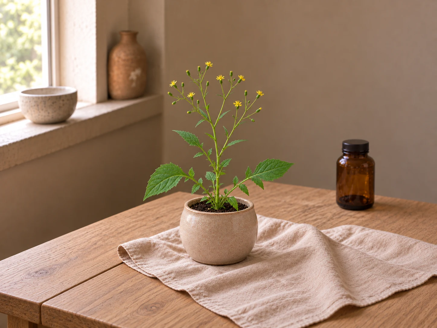 Harkål med små gula blomkorgar, luftig förgrening och större nedre blad i en beige keramikkruka.