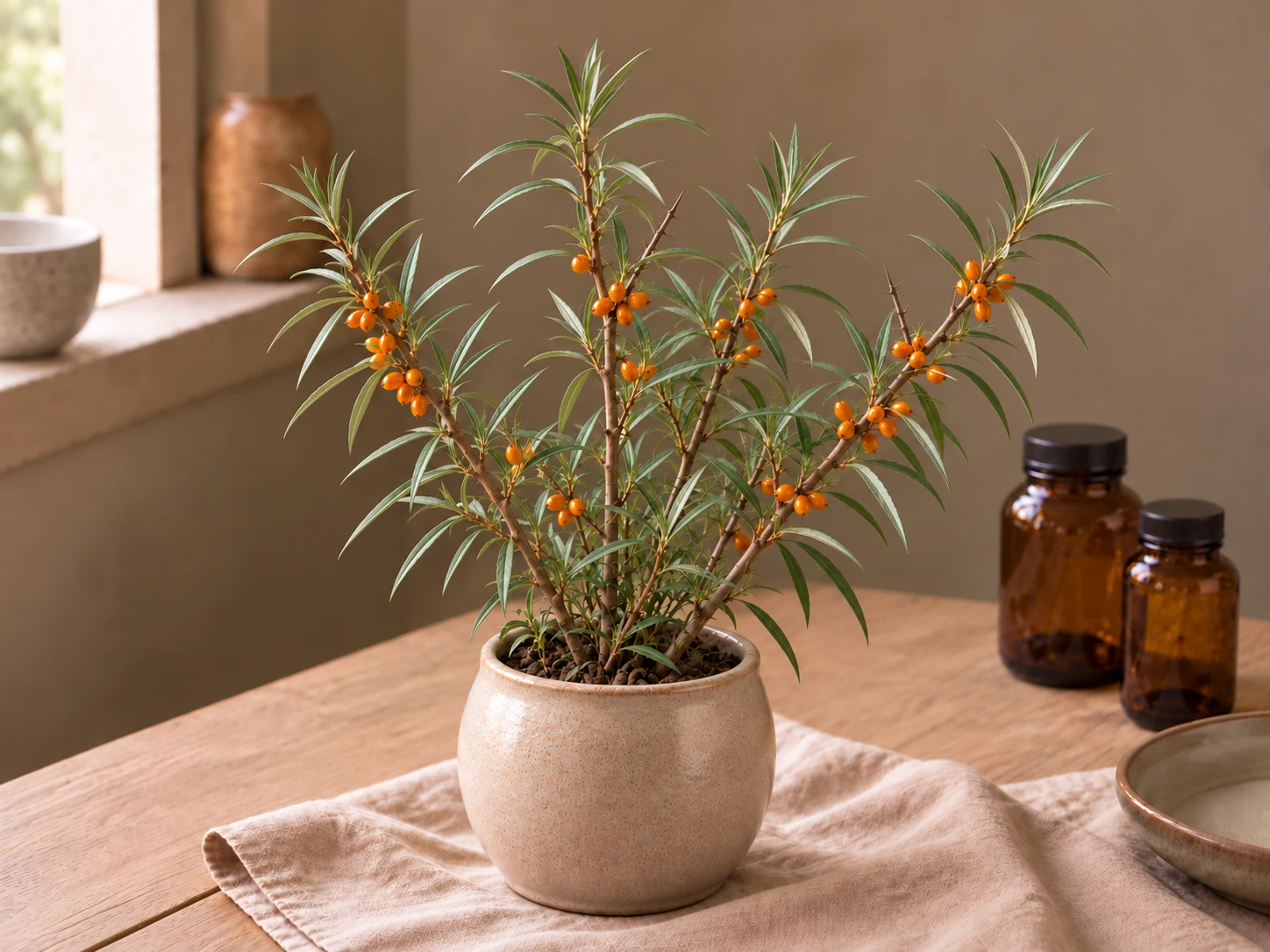 Havtorn med smala silvergröna blad och orange frukter i en beige keramikkruka.