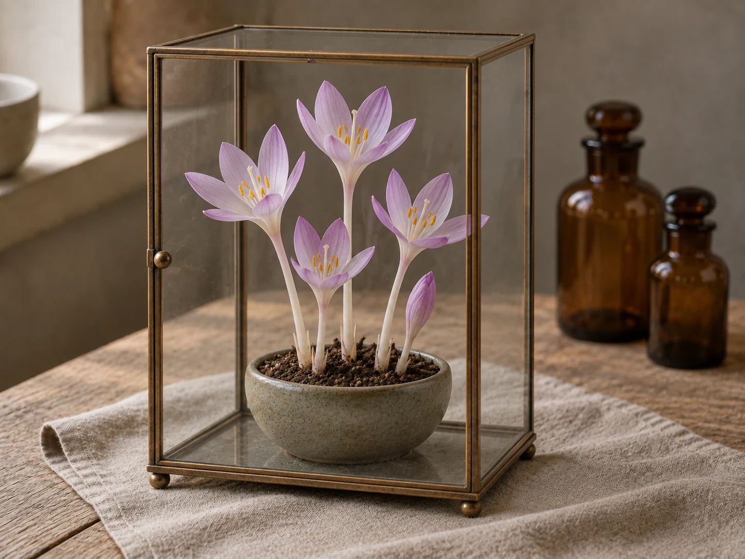 Hösttidlösans bleklila blommor utan gröna blad i en sluten glasmonter, på linne och trä i mjukt fönsterljus.