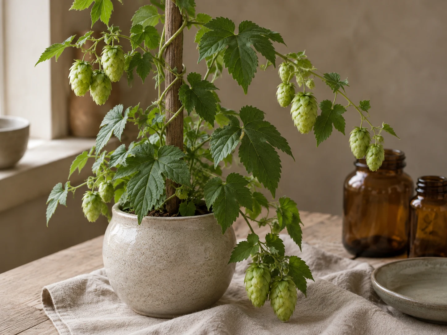 Humle med handflikiga sågade blad och hängande ljusgröna humlekottar, slingrande kring ett trästöd i en ljus keramikkruka i varmt fönsterljus.