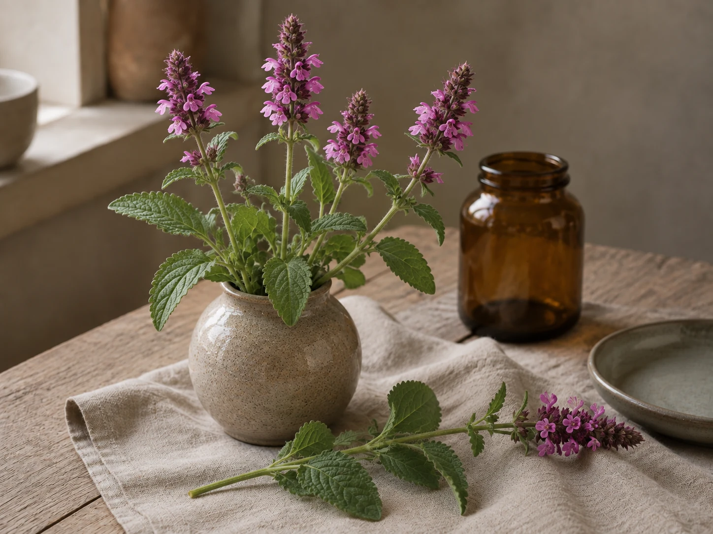 Humlesuga med avlånga, skrynkliga gröna blad och täta ax av mörkrosa blommor, i en keramikvas på ett träbord med linne och en tom bärnstensfärgad glasburk.
