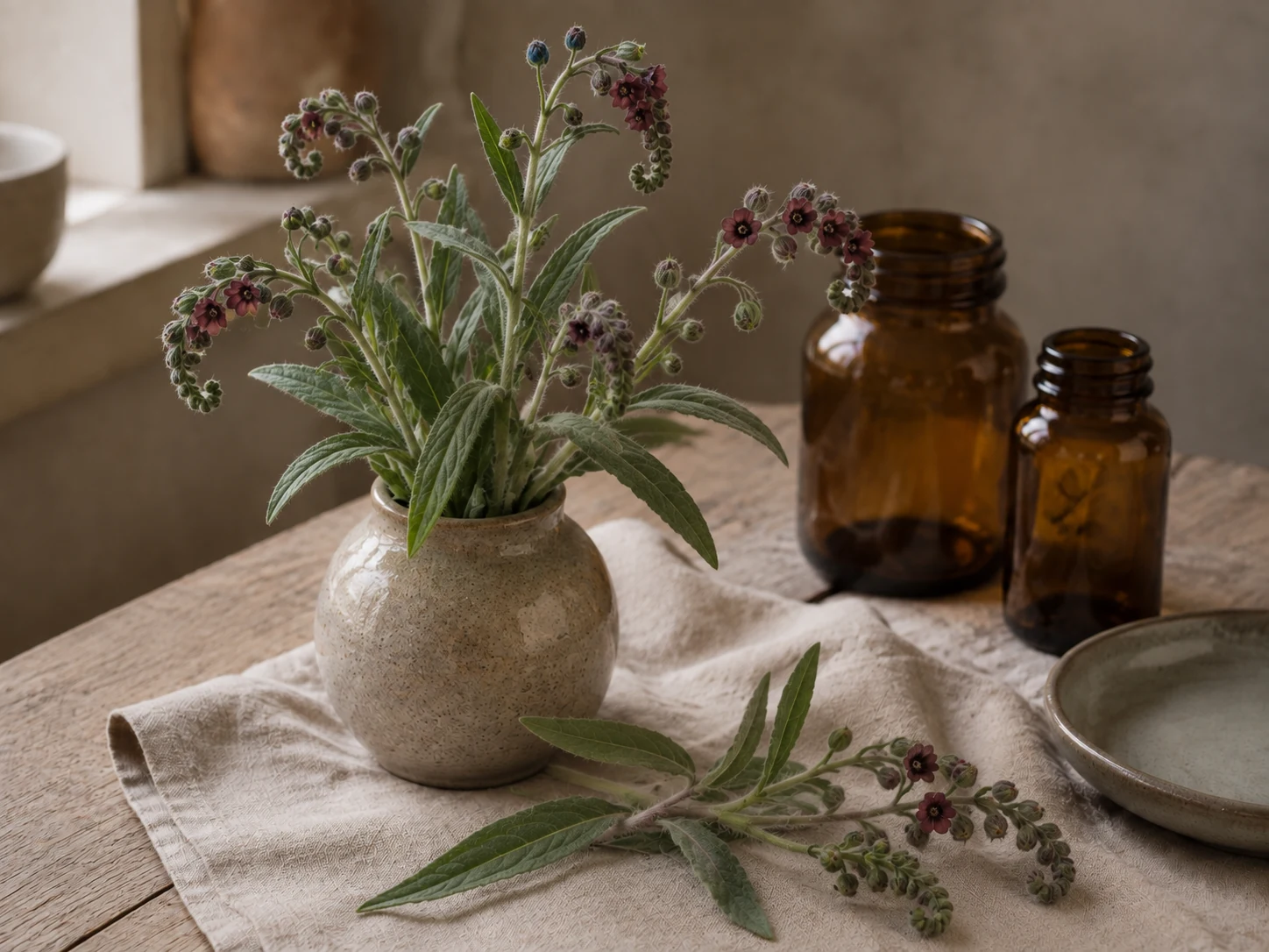 Hundtunga med mjukt håriga grågröna blad och små brunröda blommor i keramikvas på ett träbord med linne och tomma bärnstensfärgade burkar.