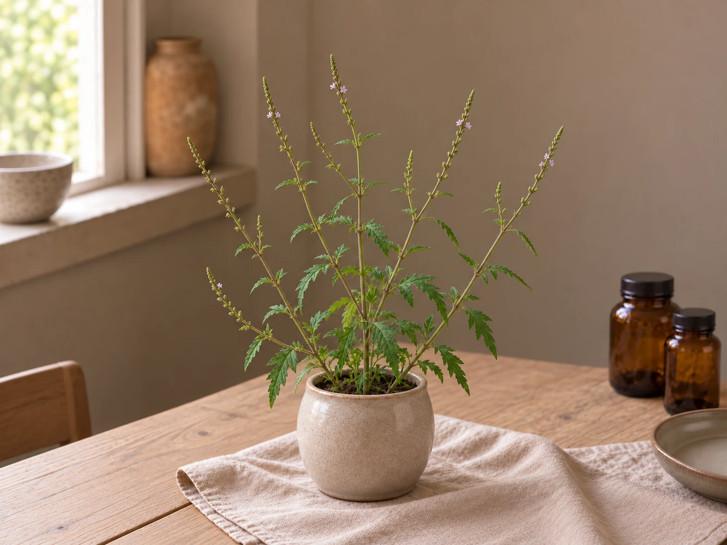 Järnört med flikiga gröna blad och spensliga ax med små bleklila blommor i en beige keramikkruka.