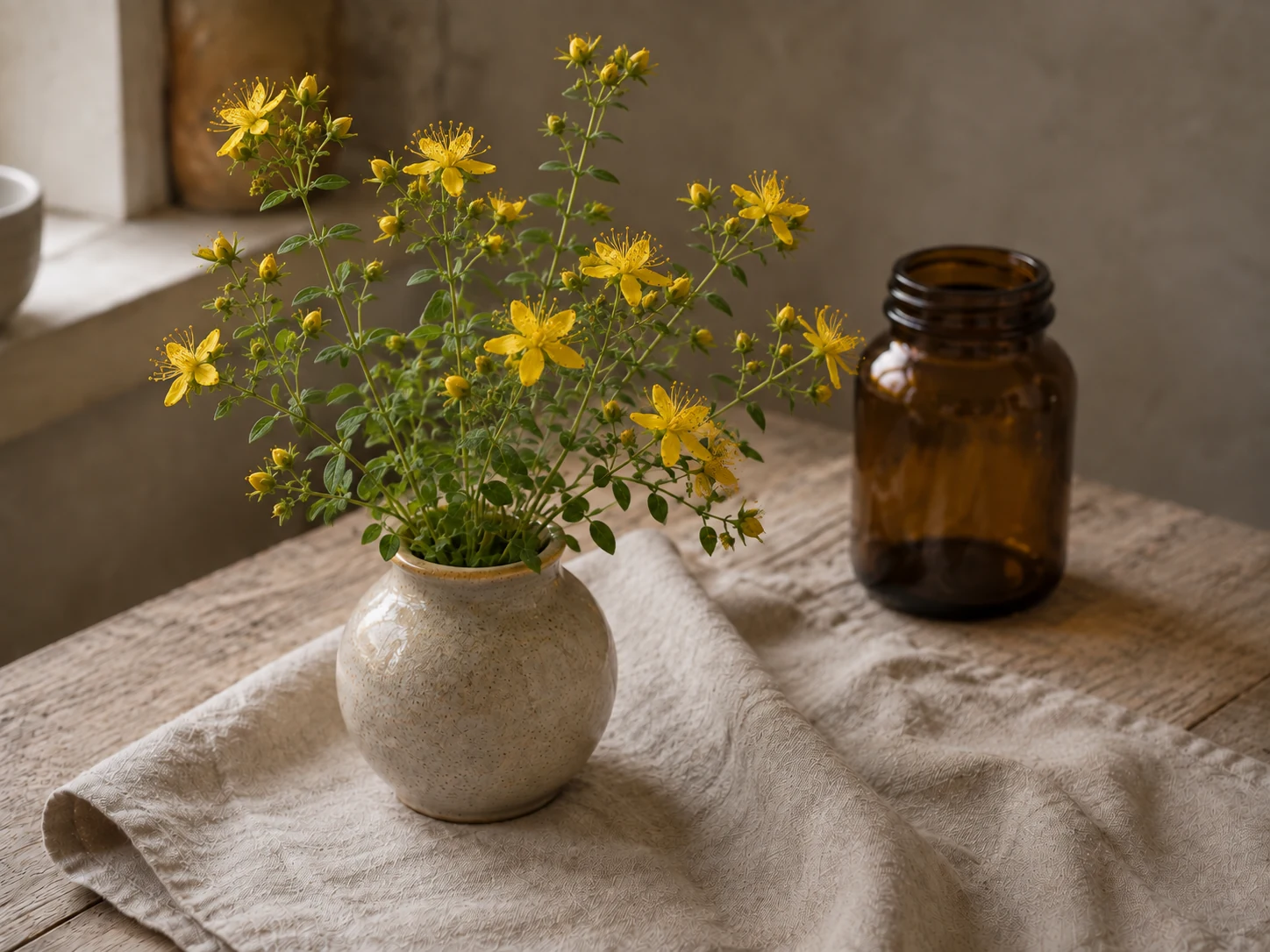 Johannesört med små femtaliga gula blommor, många ståndare och små motsatta helbräddade blad i en keramikvas vid ett fönster, med linne och bärnstensfärgat glas.