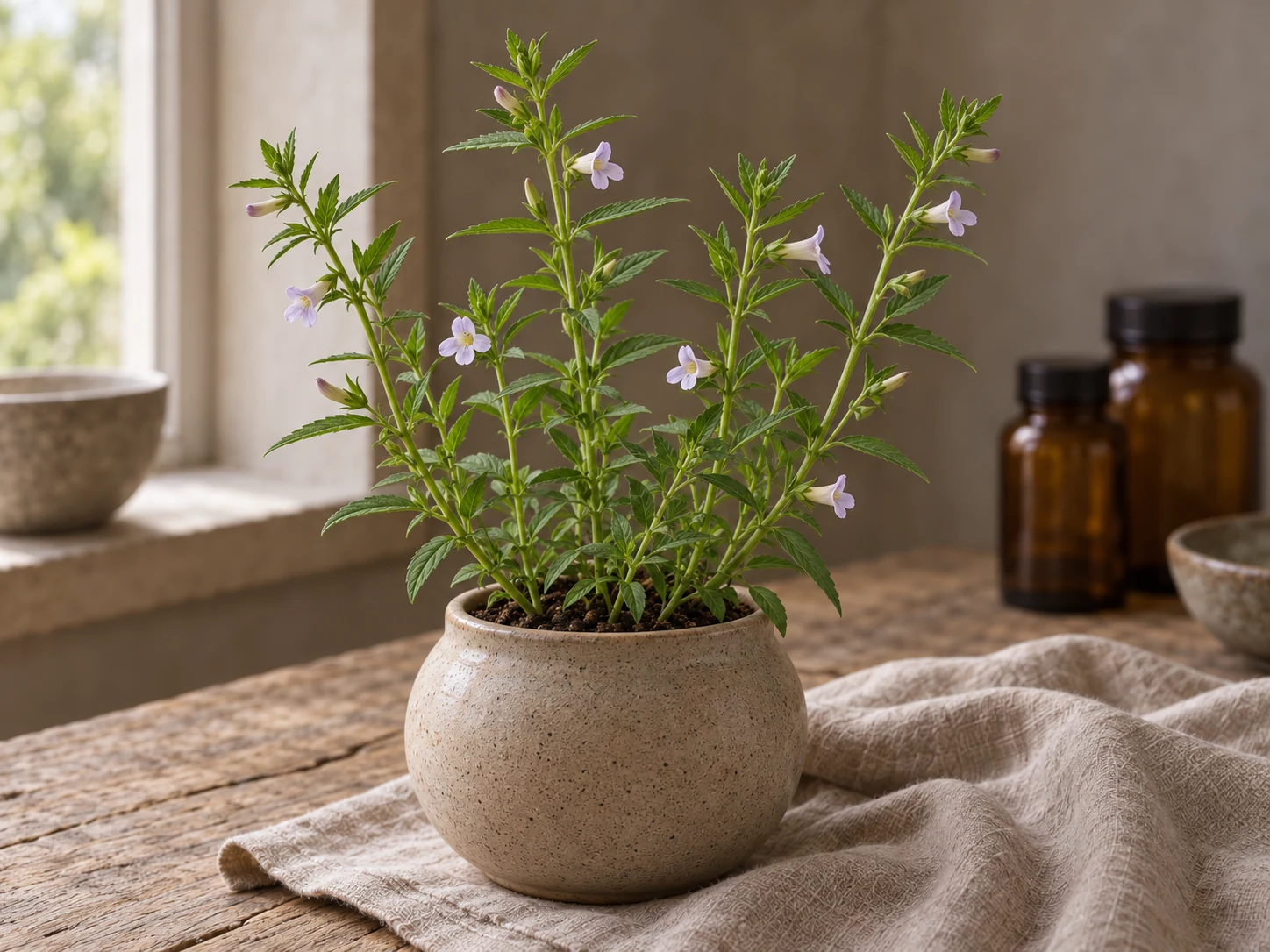 Jordgalla i beige keramik med smala motsatta tandade blad och små blekt lila rörblommor från bladvecken, i varmt fönsterljus.