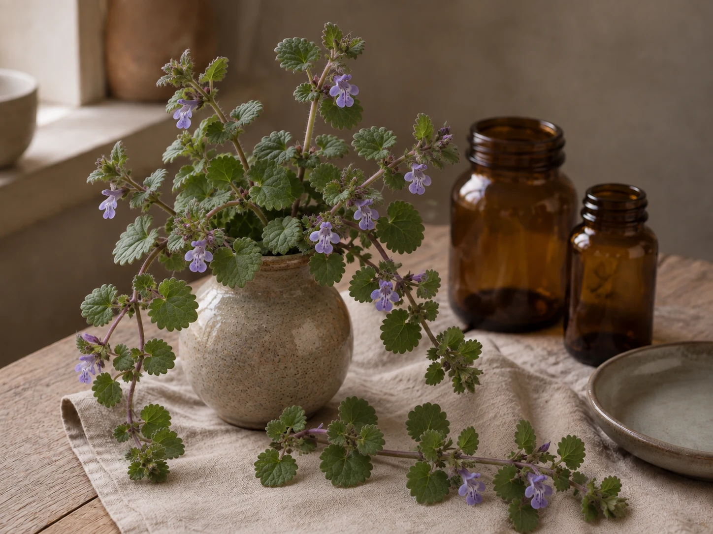 Jordreva med krypande stjälkar, njurformade gröna blad och små violetta blommor i en keramikvas på ett träbord med linne och en tom bärnstensfärgad glasburk.