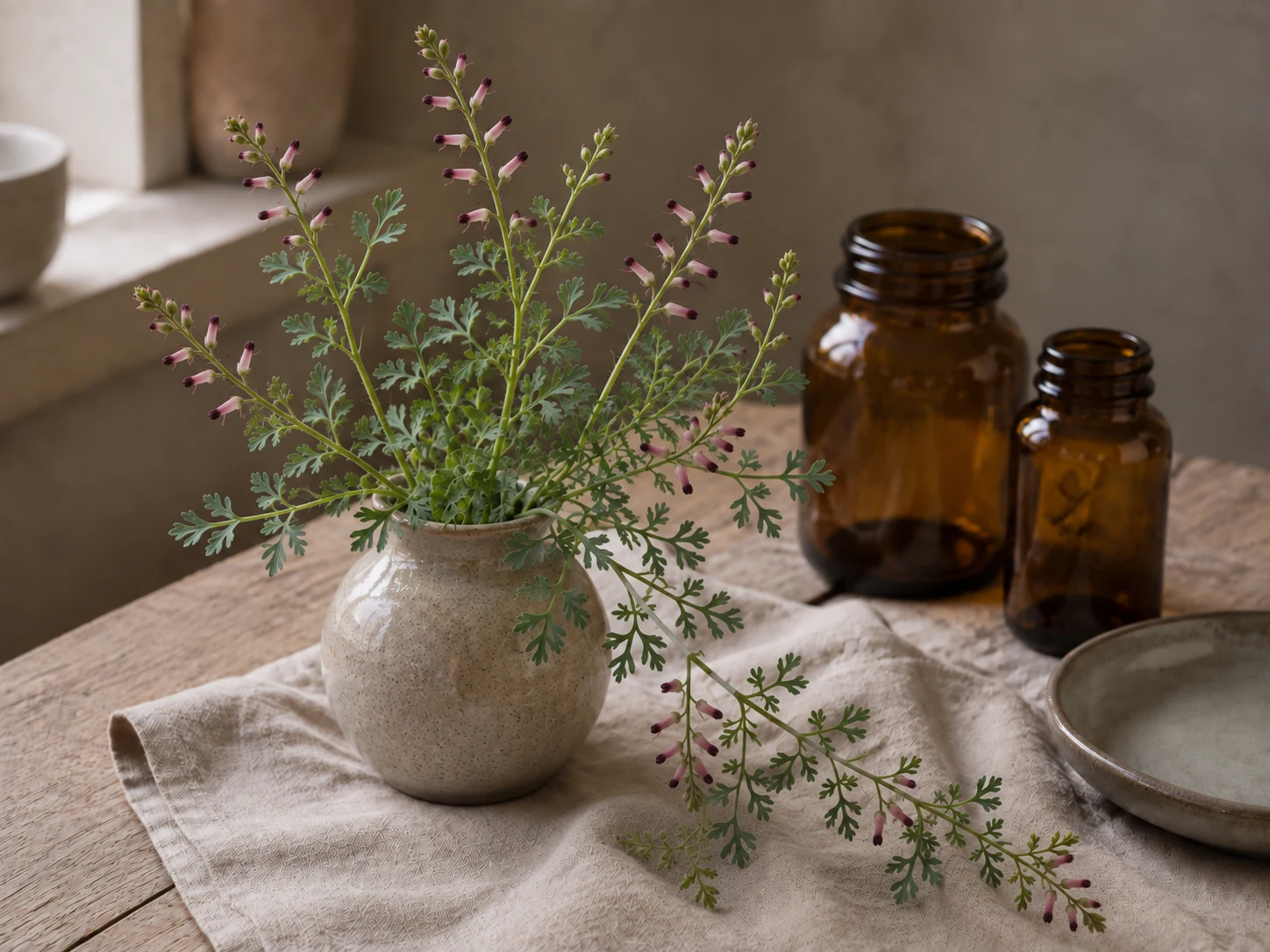 Jordrök med finflikiga blågröna blad och små rosa rörformade blommor med mörka spetsar i en keramikvas på ett träbord med linne och tomma bärnstensfärgade glasburkar.