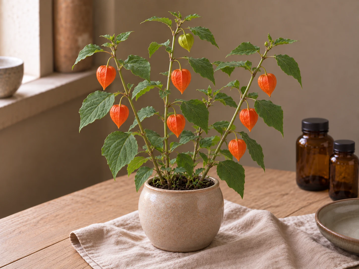 Judekörs med gröna blad och orange papperslika frukthöljen i en beige keramikkruka.